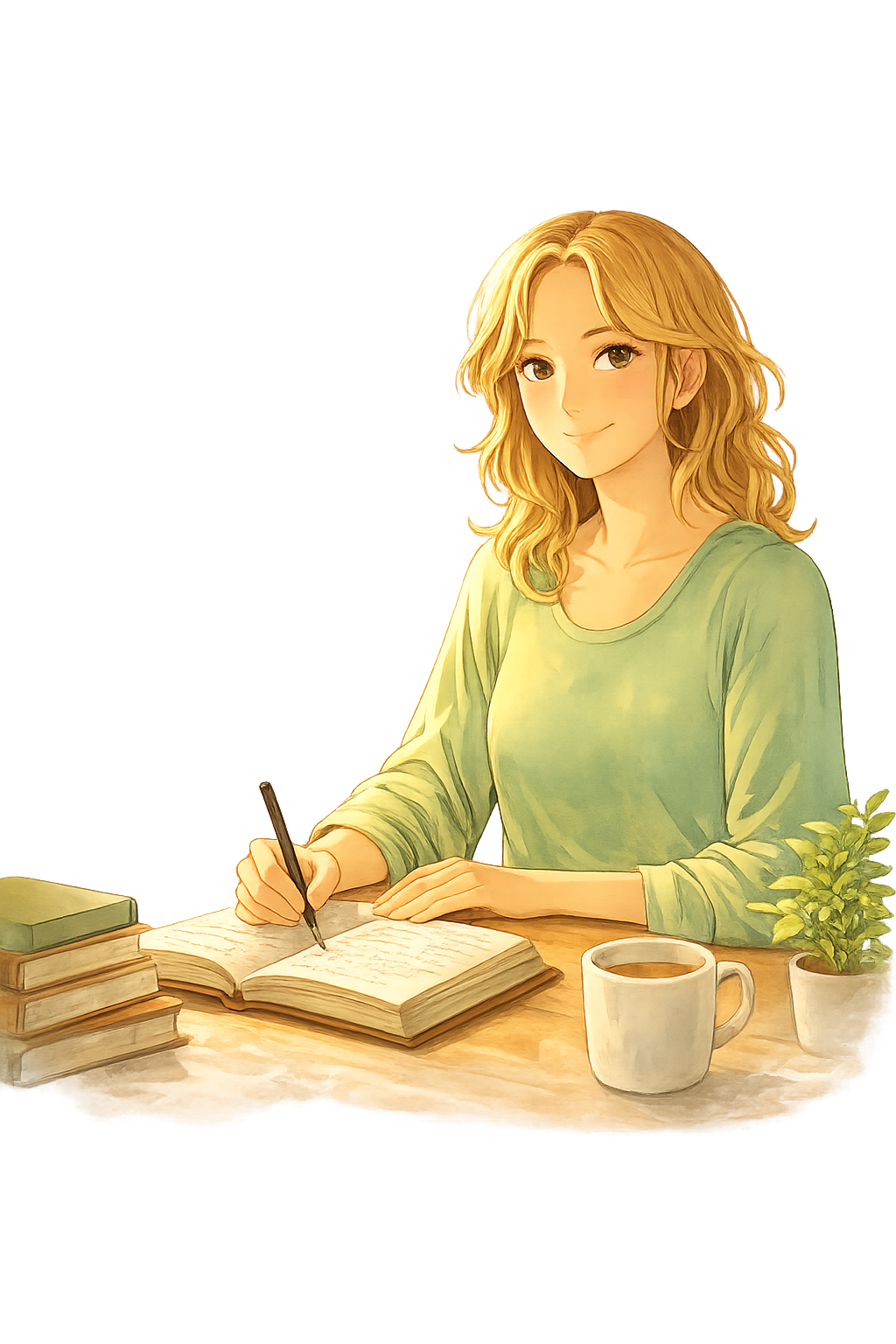 A calm woman writing in a notebook, representing a thoughtful writer and mindful content creator focused on yoga, reflection, and inner growth.