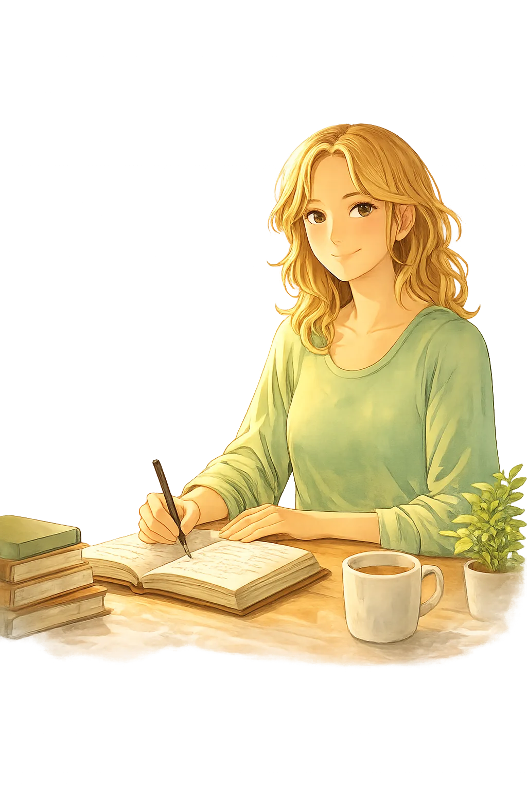 A calm woman writing in a notebook, representing a thoughtful writer and mindful content creator focused on yoga, reflection, and inner growth.