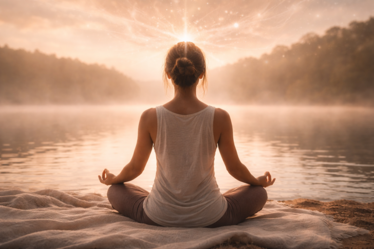 A woman sitting in meditation by a calm lakeside at dawn, viewed from the back, symbolizing mental stillness and inner awareness in classical yoga.