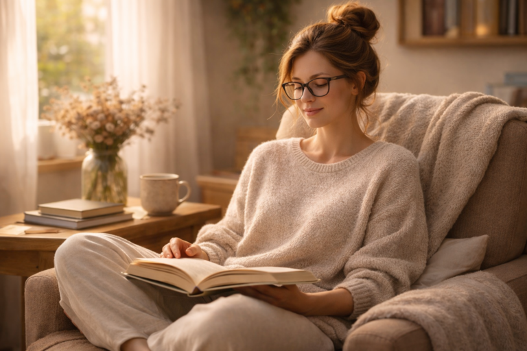 A woman wearing spectacles and a casual bun sits comfortably in a chair, reading a book in a sunlit room, with a coffee mug nearby, capturing a moment of calm focus and deep breathing.
