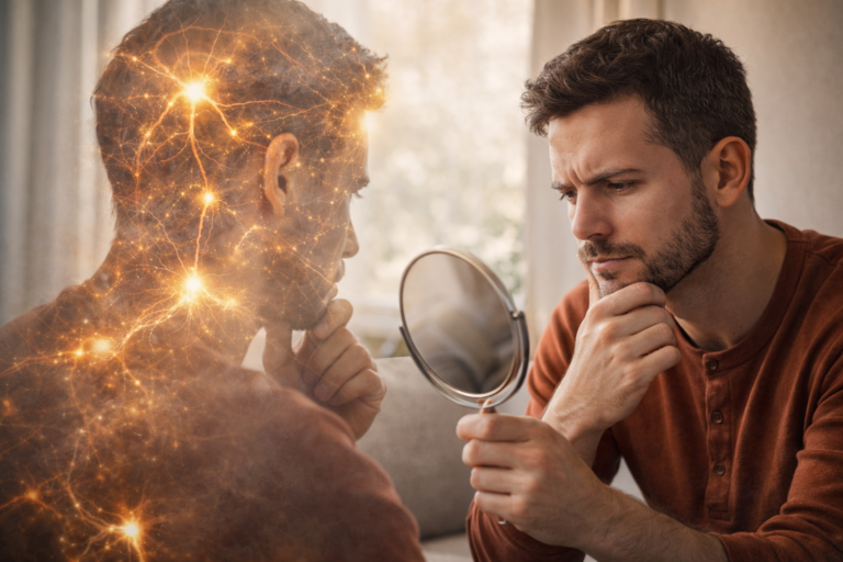 A man calmly observing his own reflection in a mirror, symbolizing self-observation, awareness, and inner growth.