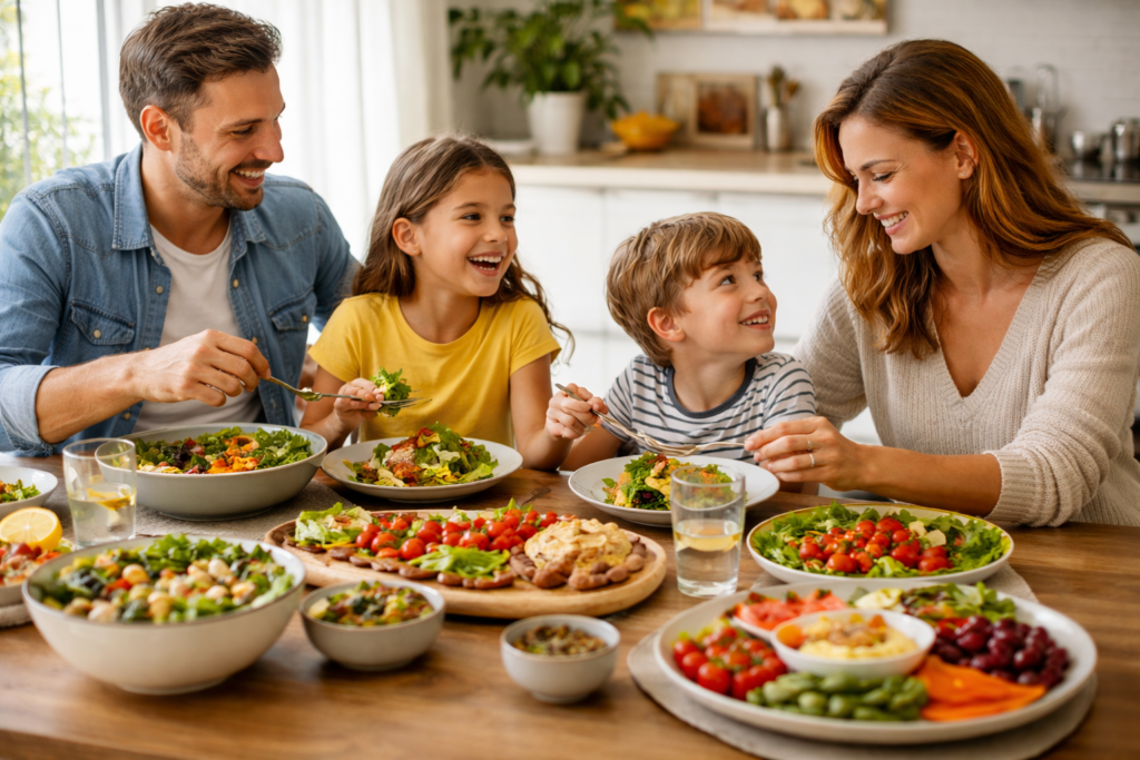 A happy family sitting together and eating healthy vegetarian food, sharing a balanced plant-based meal at home.