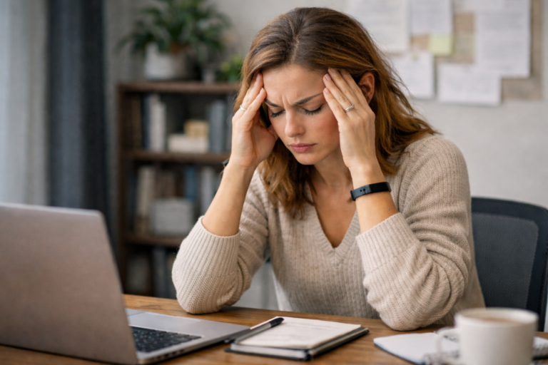 A stressed woman sitting at her office desk holding her head in exhaustion, representing mental imbalance and workplace stress.