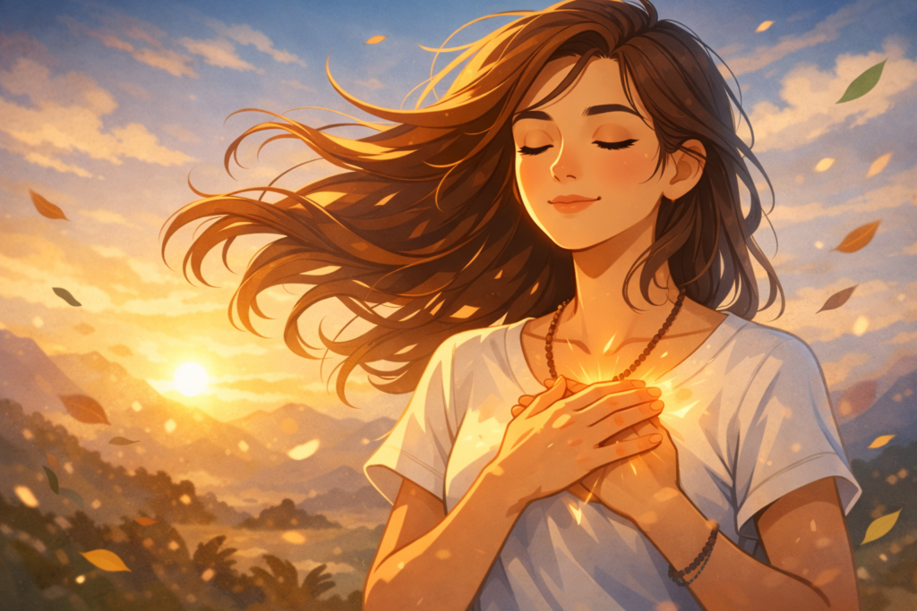 An animated illustration of a woman with closed eyes holding her heart as wind flows through her hair, symbolizing self-realization and inner awakening.