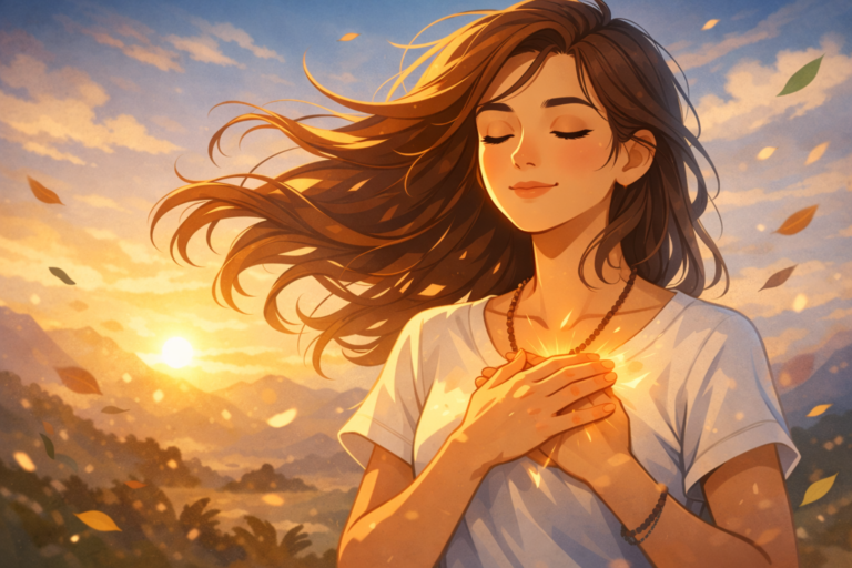 An animated illustration of a woman with closed eyes holding her heart as wind flows through her hair, symbolizing self-realization and inner awakening.