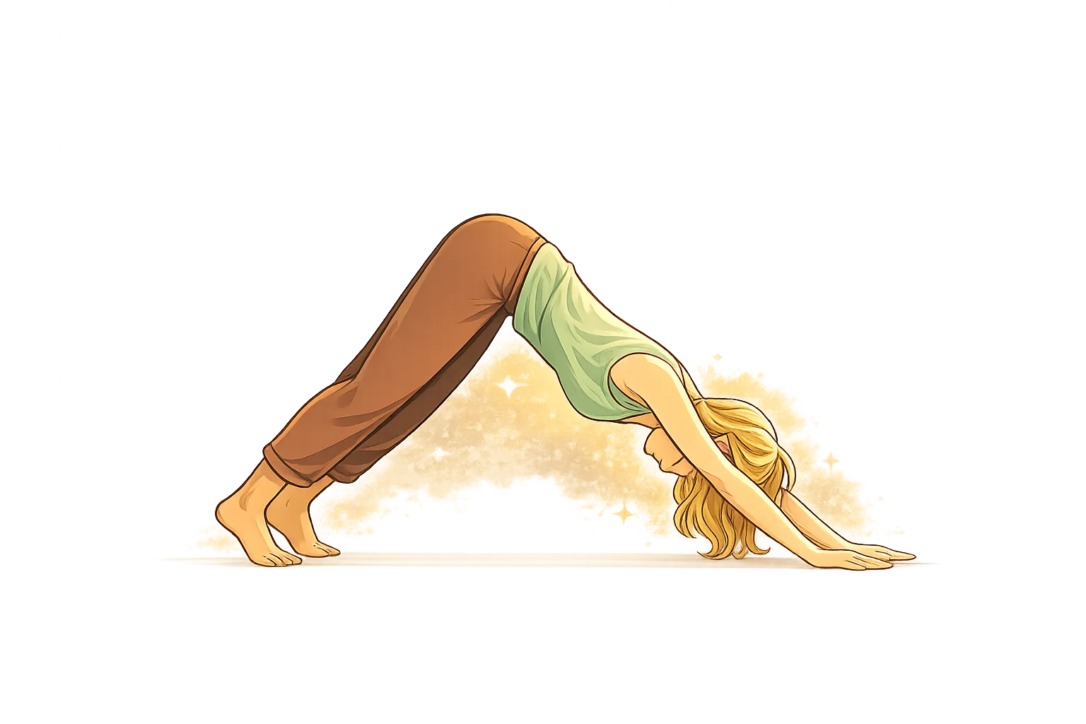 Adho Mukha Śvānāsana (Downward Facing Dog) – Full Body Stretch Yoga Pose Illustration of a person performing Adho Mukha Śvānāsana (Downward Facing Dog), forming an inverted V shape with hands and feet on the ground, representing a full body stretch and strength in yoga practice.