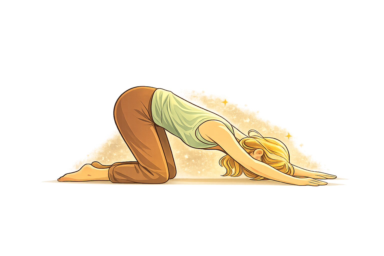 Illustration of a person performing Bālāsana (Child’s Pose), kneeling with the torso resting forward and arms extended on the floor, representing relaxation, deep breathing, and restorative yoga.