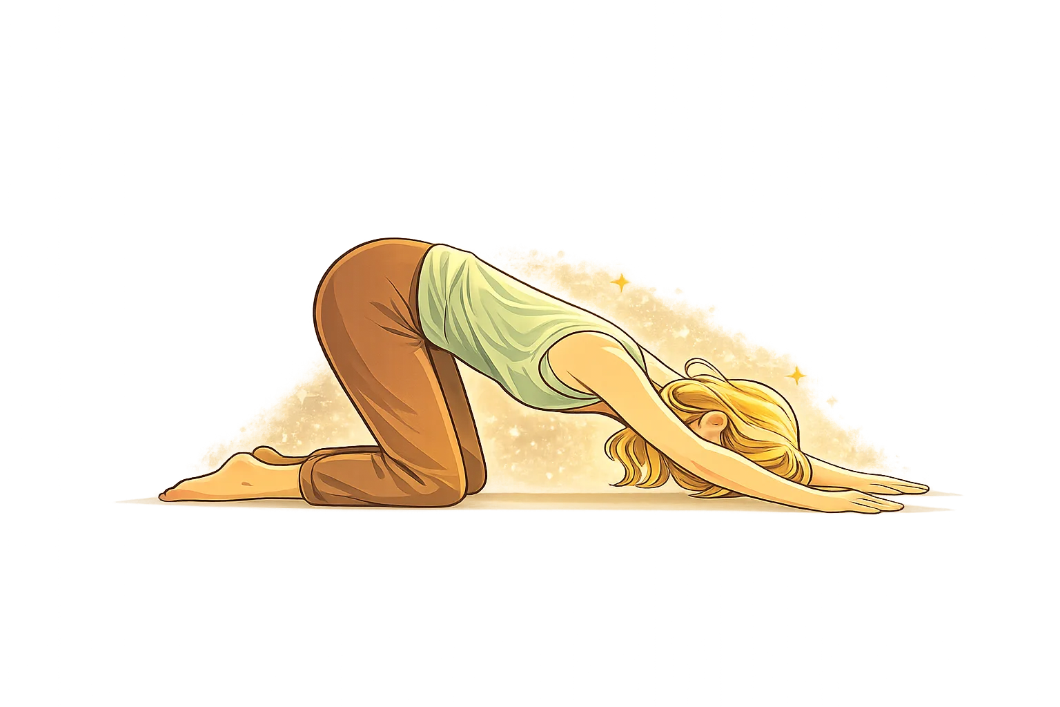 Bālāsana (Child’s Pose) – Restorative Yoga for Relaxation Illustration of a person performing Bālāsana (Child’s Pose), kneeling with the torso resting forward and arms extended on the floor, representing relaxation, deep breathing, and restorative yoga.