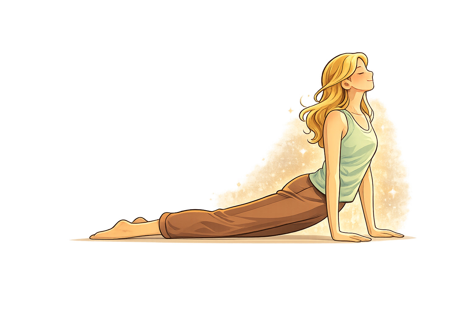 Illustration of a person performing Bhujaṅgāsana (Cobra Pose), lying on the stomach and lifting the chest upward with arms straight, symbolizing spinal strength, flexibility, and energy in yoga practice.