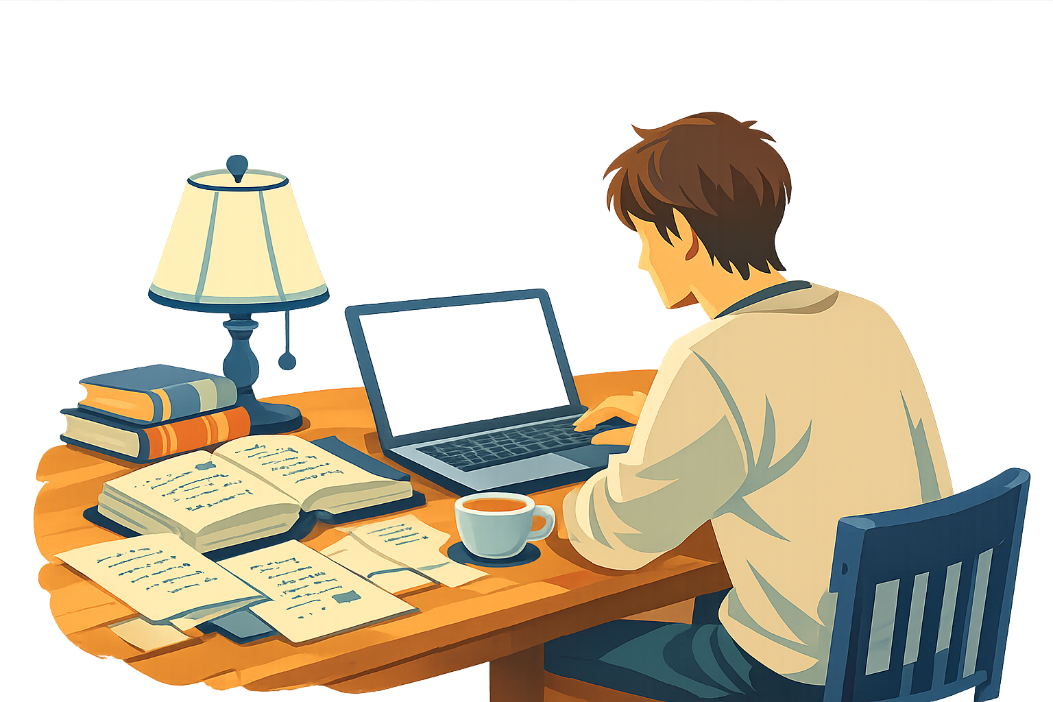 A young man sitting at a wooden desk at night, reading ancient manuscripts and handwritten notes with a laptop and tea cup, studying with focus and curiosity representing the spirit of YogaZenLife