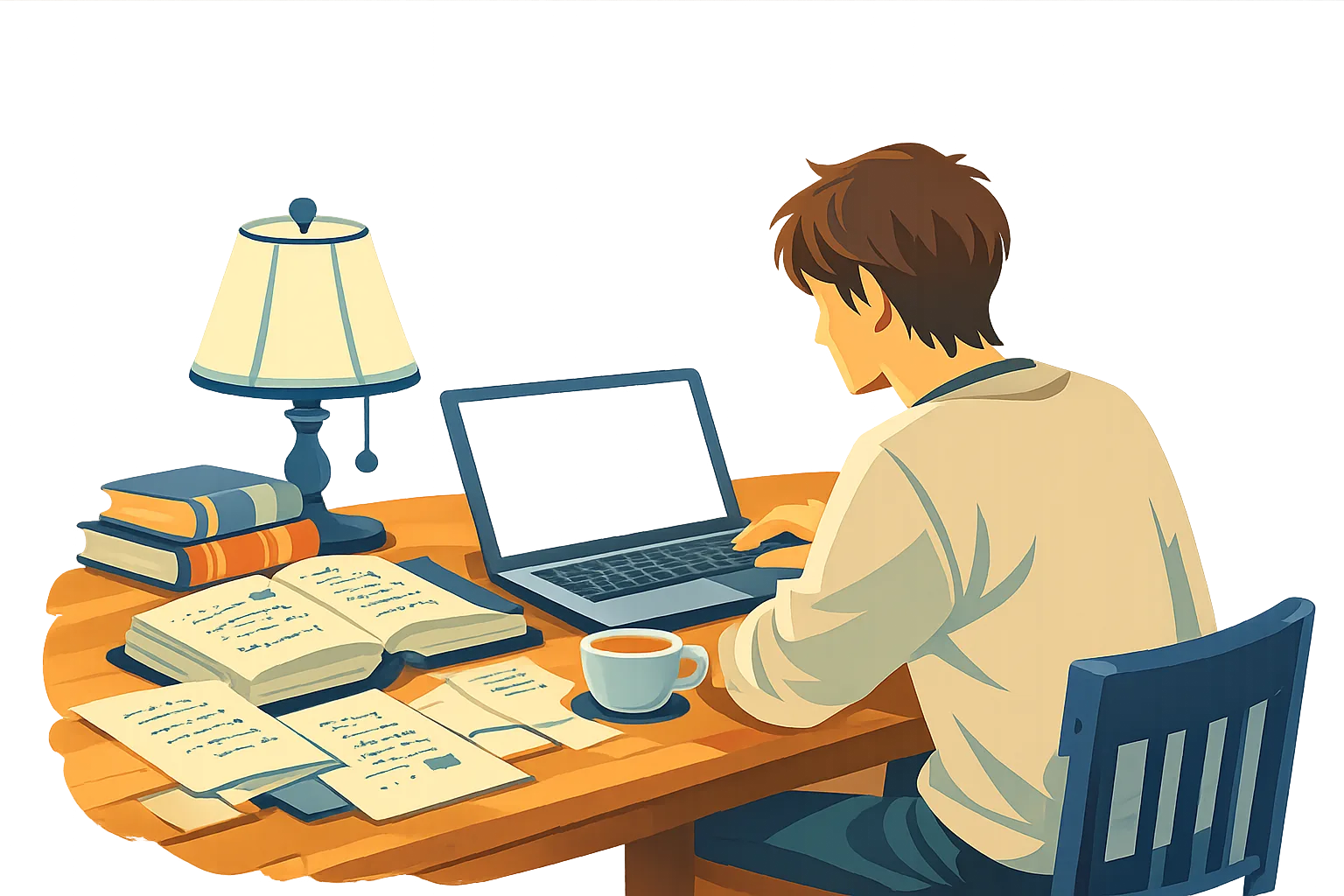 curious seeker ancient wisdom night A young man sitting at a wooden desk at night, reading ancient manuscripts and handwritten notes with a laptop and tea cup, studying with focus and curiosity representing the spirit of YogaZenLife