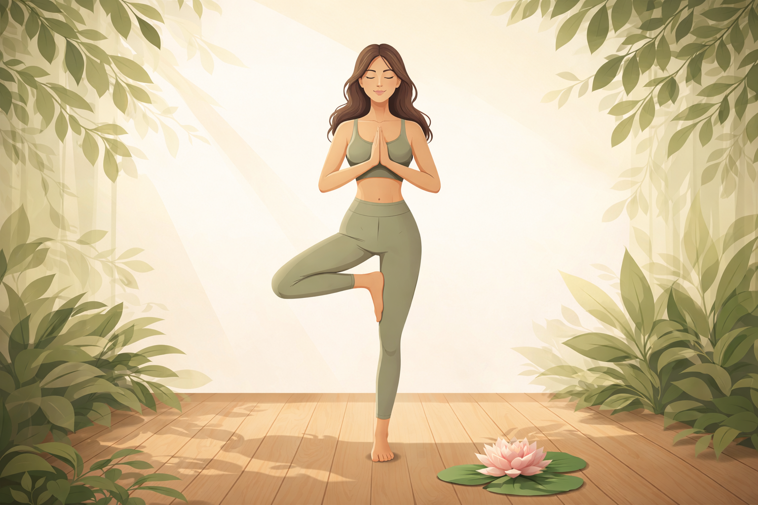 yoga vrikshasana tree pose ancient practice A woman performing Vrikshasana (Tree Pose) with hands in prayer position, surrounded by soft green leaves and a lotus flower, representing balance, focus, and the ancient practice of yoga