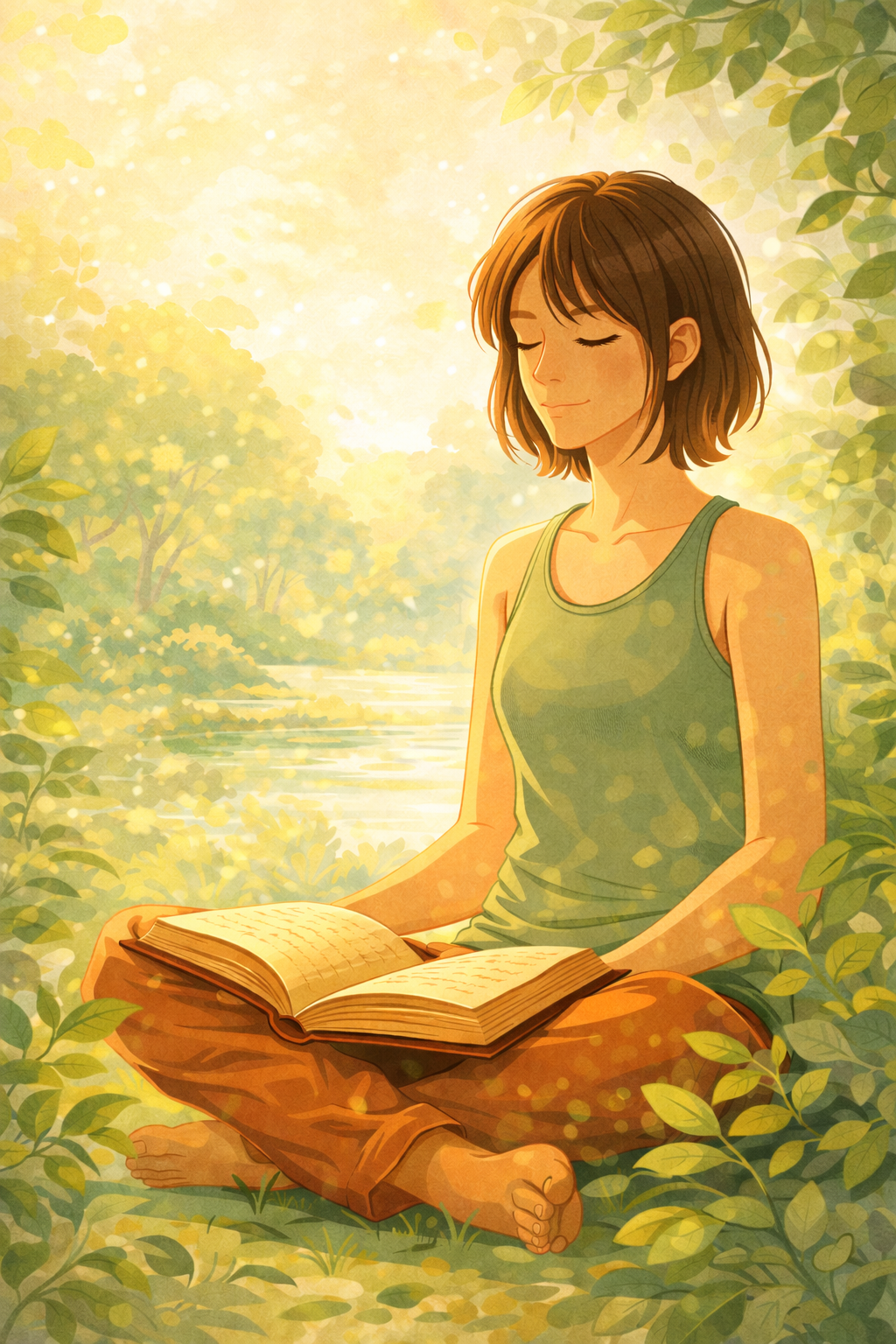 A young man sitting cross-legged in nature, peacefully reading an ancient manuscript surrounded by green leaves and warm sunlight, representing the curious and contemplative spirit behind YogaZenLife