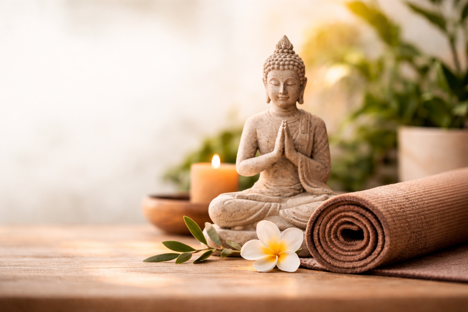 Serene meditation statue with yoga mat, candle, and flower creating a peaceful yoga wellness environment.