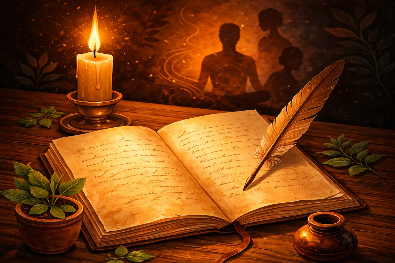 life stories ancient journal wisdom storytelling An open ancient journal with handwritten words, a feather quill pen resting on the pages, a glowing candle in a brass holder, human silhouettes in the warm background, and green leaves around — representing the power of storytelling, real life experiences, and wisdom passed through generations.