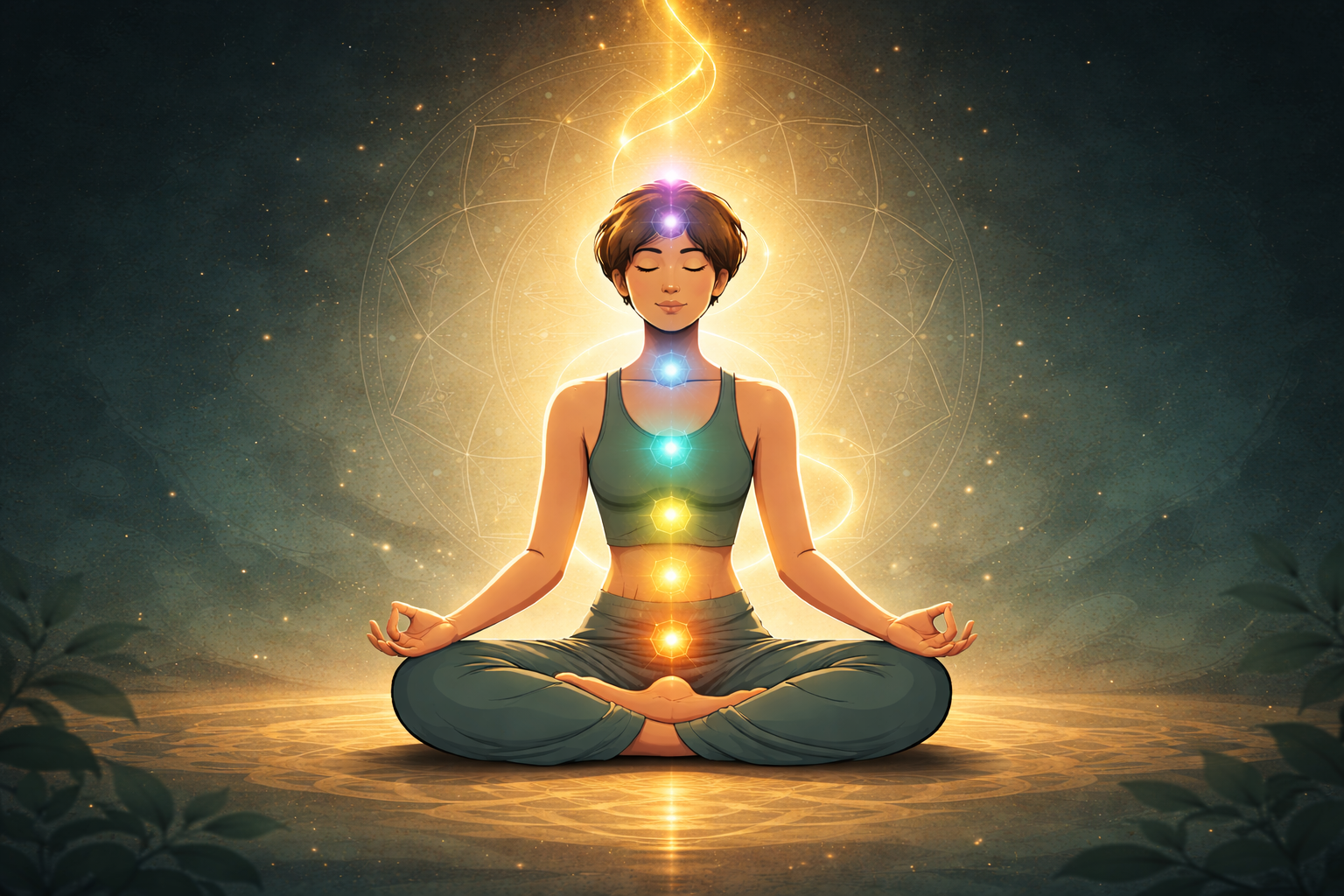 meditation chakra awakening kundalini energy A woman sitting in lotus pose with seven glowing chakra points activated along the spine, golden kundalini energy rising upward, sacred geometry mandala in the background, representing deep meditation and spiritual awakening