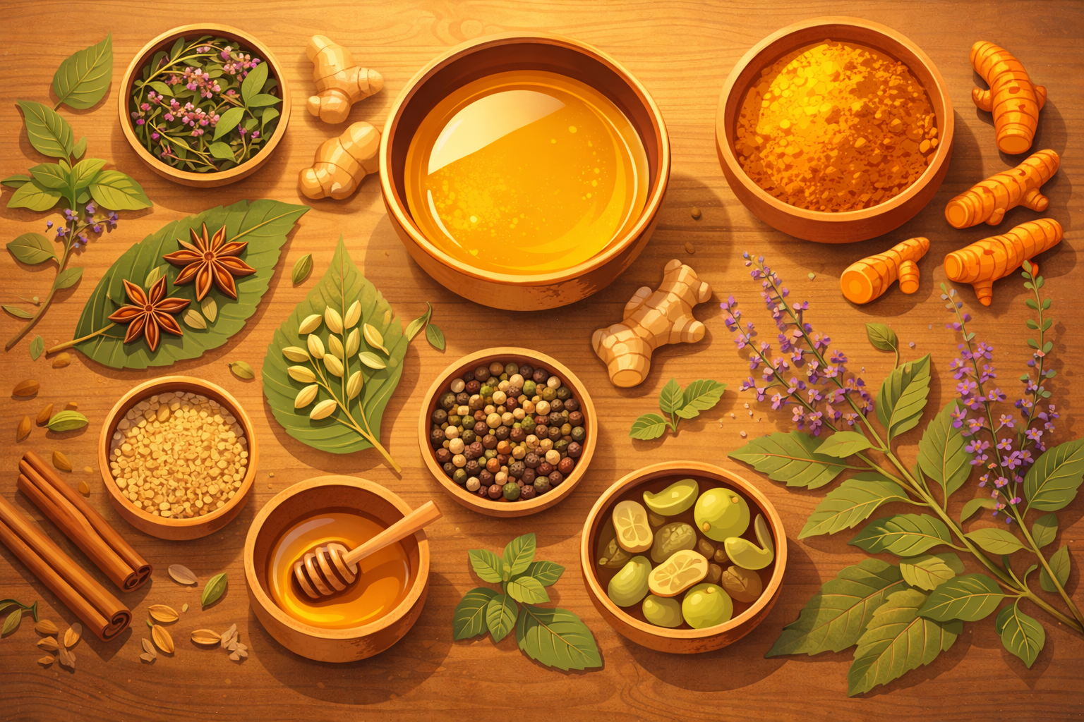 ayurvedic nutrition herbs spices ancient food An overhead flat illustration of Ayurvedic herbs and spices arranged on a wooden surface turmeric, ginger, honey, cinnamon, pepper, tulsi, and fresh leaves in wooden bowls, representing ancient nutrition wisdom and holistic healing through food
