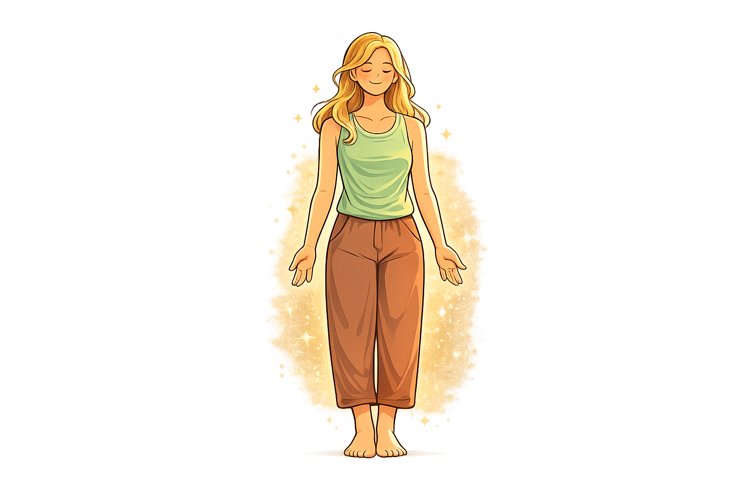 Illustration of a person performing Tāḍāsana (Mountain Pose), standing upright with feet together and arms relaxed, representing stability, balance, and mindful breathing in yoga.