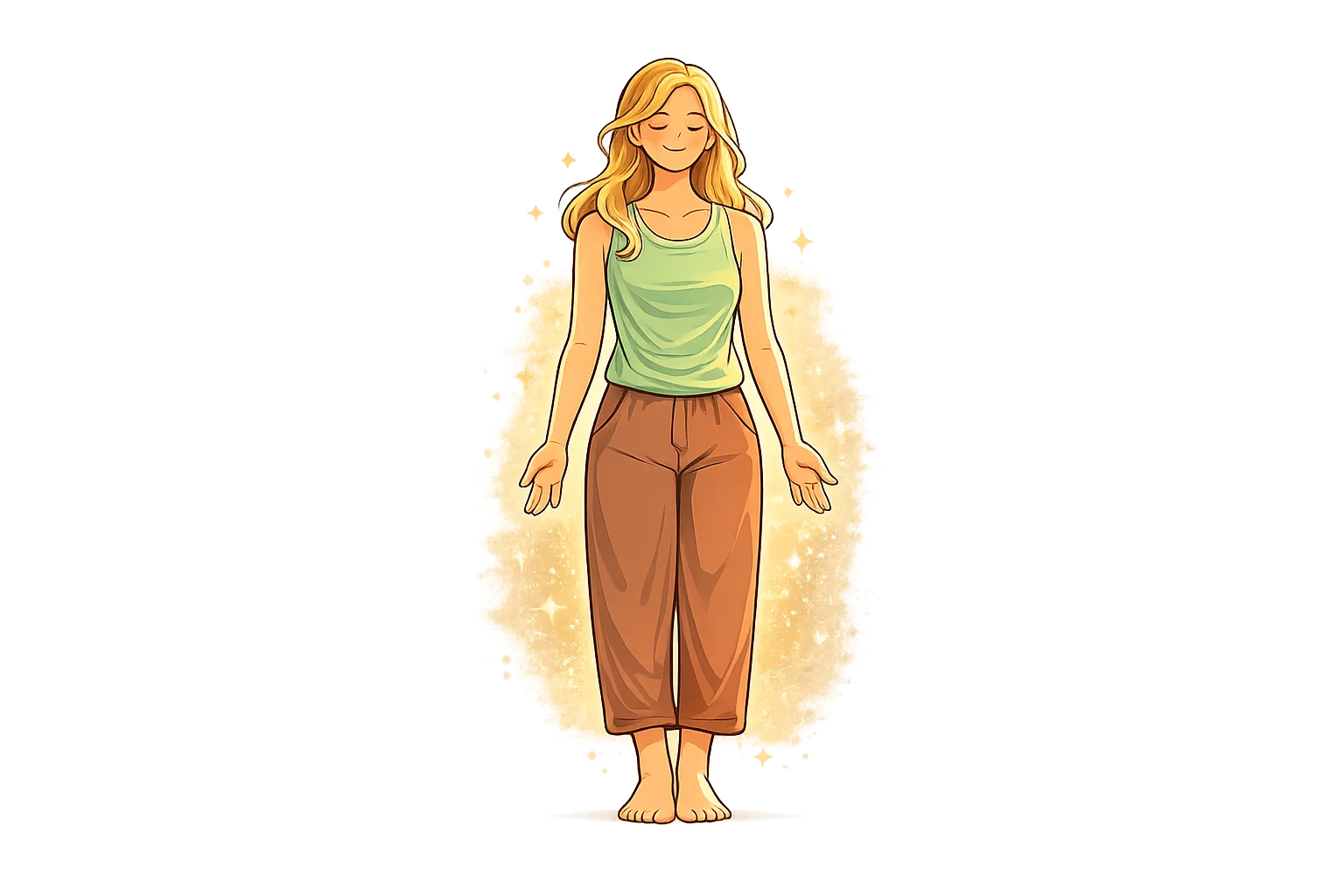 Tāḍāsana (Mountain Pose) – Foundation of Yoga Balance Illustration of a person performing Tāḍāsana (Mountain Pose), standing upright with feet together and arms relaxed, representing stability, balance, and mindful breathing in yoga.