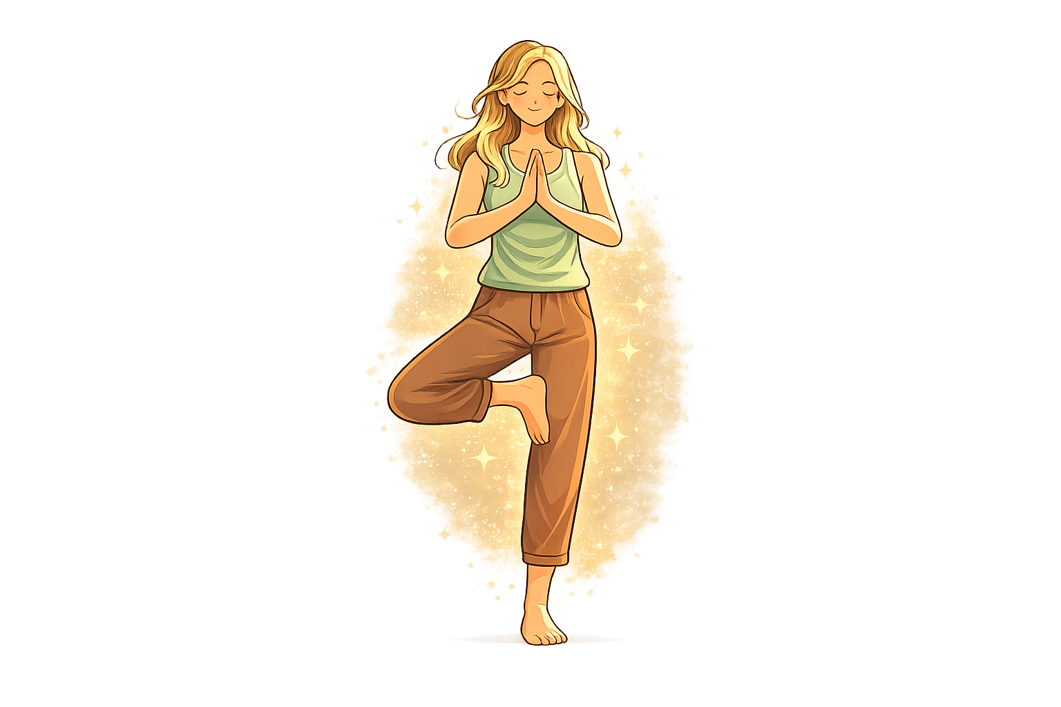 Illustration of a person performing Vṛkṣāsana (Tree Pose), balancing on one leg with hands in prayer position, symbolizing stability, focus, and mindfulness in yoga practice.