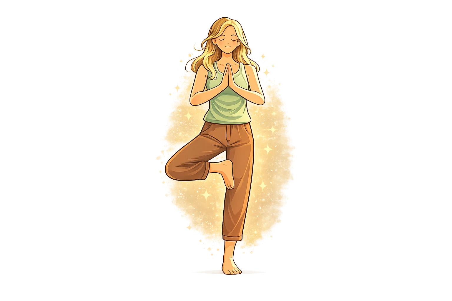 Vṛkṣāsana (Tree Pose) – Yoga Balance and Stability Illustration of a person performing Vṛkṣāsana (Tree Pose), balancing on one leg with hands in prayer position, symbolizing stability, focus, and mindfulness in yoga practice.