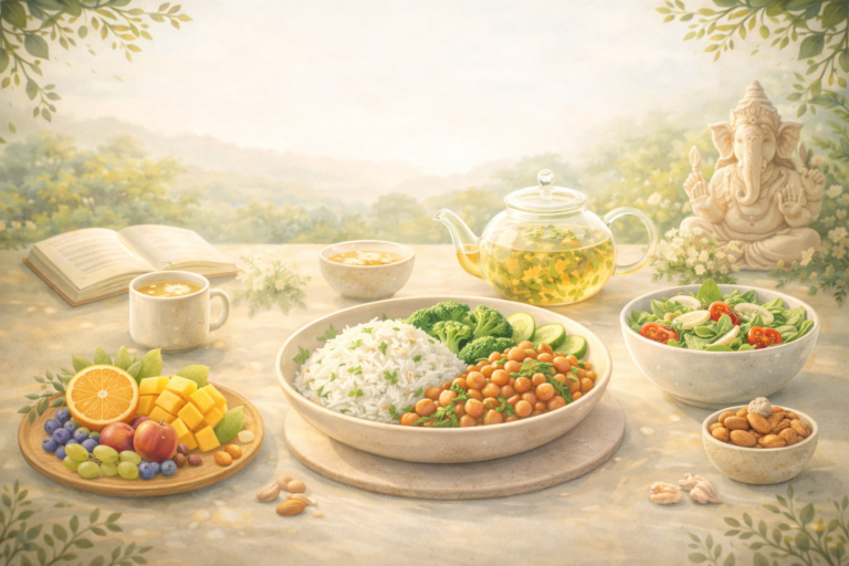 Sattvic food meal with fresh fruits, vegetables, rice, herbal tea, and nuts arranged in a calm natural setting representing a pure yogic diet