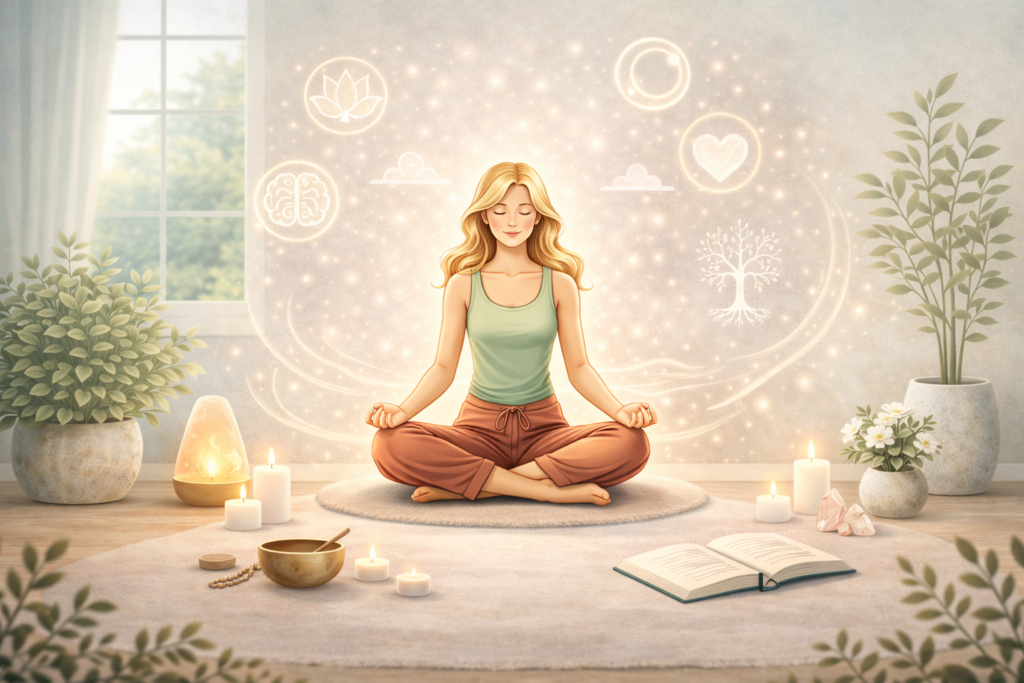 Woman meditating peacefully in a calm indoor setting with soft natural light, plants, candles, and mindfulness symbols representing mental clarity and inner peace