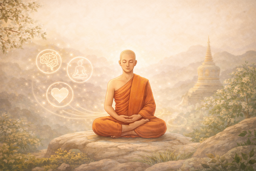 Buddhist monk meditating peacefully in nature with soft glowing symbols representing mindfulness, awareness, and inner balance