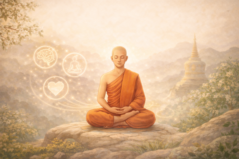 Buddhist monk meditating peacefully in nature with soft glowing symbols representing mindfulness, awareness, and inner balance