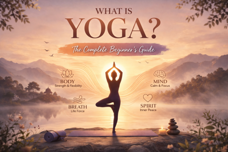 Beginner yoga guide cover featuring a silhouette performing tree pose at sunrise, representing balance between body, mind, breath, and spirit