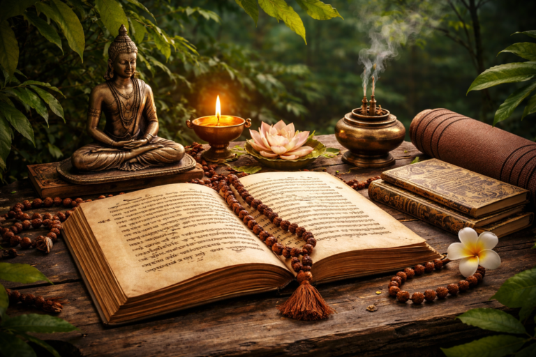 Ancient Sanskrit manuscript opened on a wooden surface with rudraksha beads, a meditating sage statue, a lit oil lamp, incense, and a lotus flower, creating a serene yogic atmosphere.