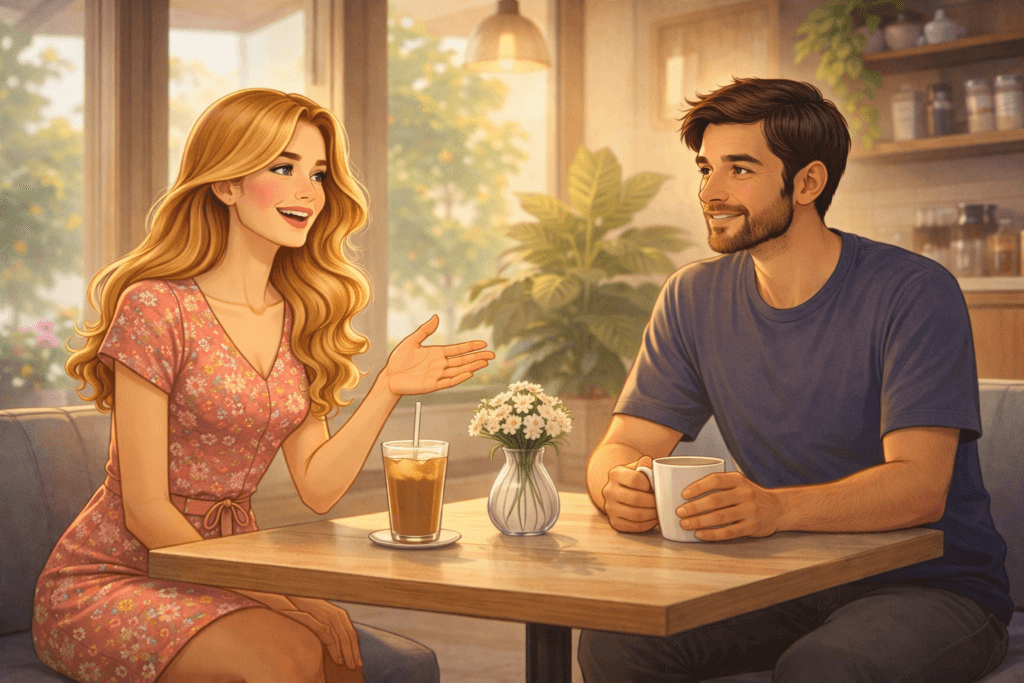 Woman in a floral dress having a calm conversation with a man in a modern café, soft pastel lighting and minimal peaceful setting.
