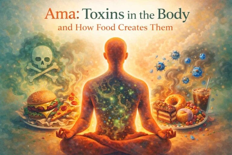 A warm-toned illustration of a meditating human figure with a glowing interior showing toxin buildup, surrounded by unhealthy foods like burgers, pizza, sweets, and soda emitting smoky, polluted effects, alongside the title “Ama: Toxins in the Body and How Food Creates Them.”