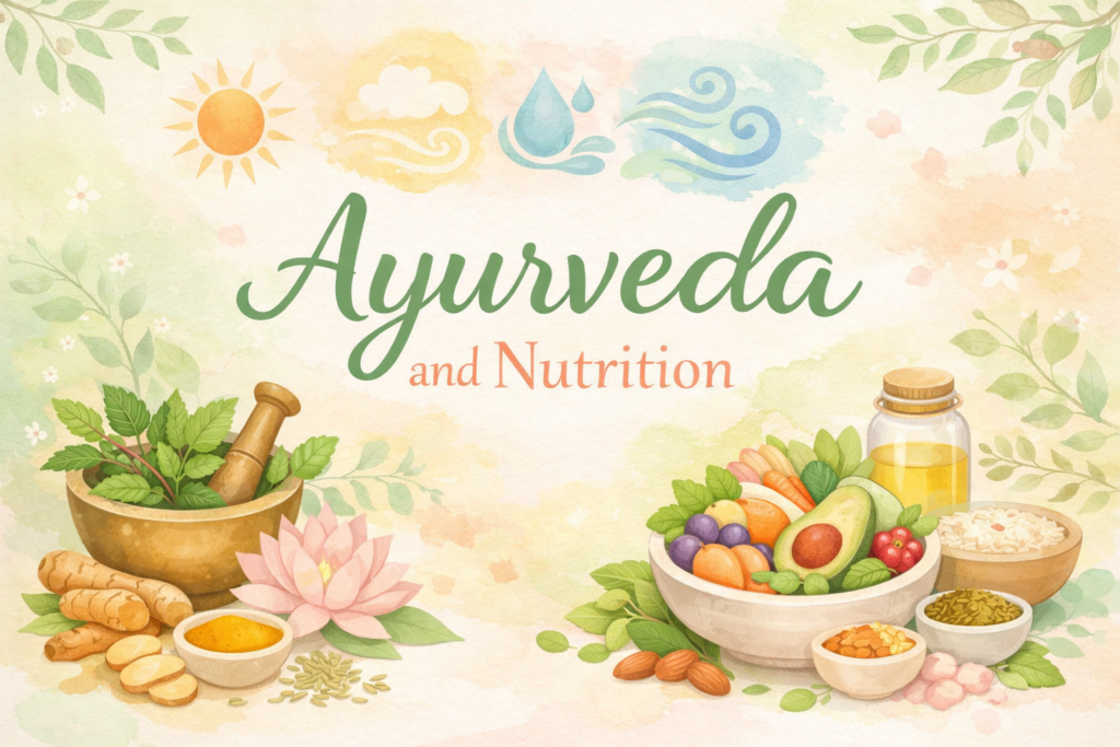 Soft pastel illustration of Ayurveda and nutrition featuring herbs, spices, fruits, and holistic elements symbolizing balanced Ayurvedic diet and wellness.
