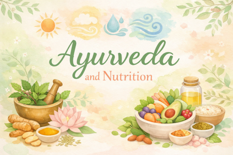 Soft pastel illustration of Ayurveda and nutrition featuring herbs, spices, fruits, and holistic elements symbolizing balanced Ayurvedic diet and wellness.