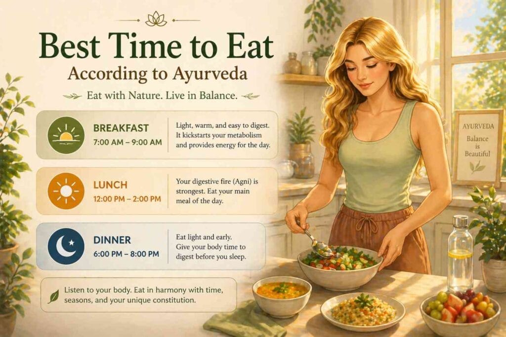 A warm, sunlit kitchen scene showing a woman preparing a fresh meal, standing at a counter with Ayurvedic dishes, alongside a clean visual guide displaying ideal meal timings for breakfast, lunch, and dinner according to Ayurveda.