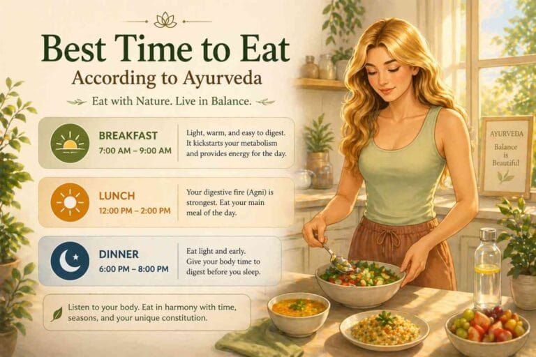 A warm, sunlit kitchen scene showing a woman preparing a fresh meal, standing at a counter with Ayurvedic dishes, alongside a clean visual guide displaying ideal meal timings for breakfast, lunch, and dinner according to Ayurveda.