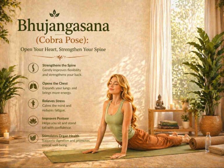 A calm indoor yoga scene showing a woman practicing Bhujangasana (Cobra Pose) on a mat, with soft sunlight, plants, and a peaceful setting, alongside text highlighting its benefits like spinal strength, chest opening, and stress relief.