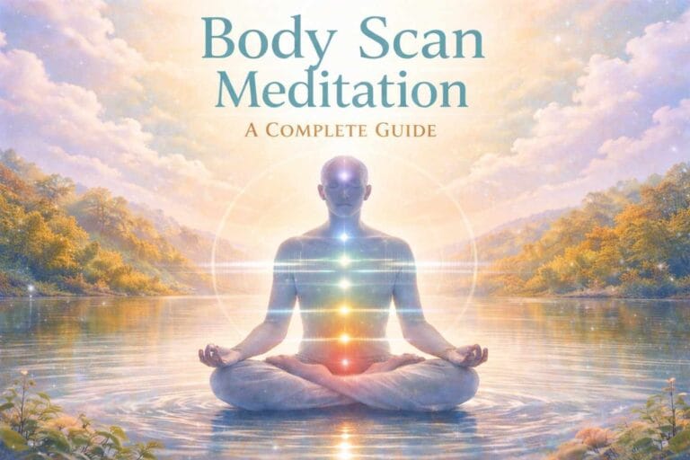 A serene pastel-toned illustration of a person meditating in a lotus position by a calm lake, with softly glowing chakra points along the body and a warm sunrise landscape in the background. The title “Body Scan Meditation: A Complete Guide” appears at the top in elegant teal and gold typography.
