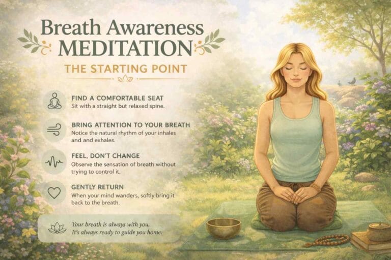 A blonde woman meditates outdoors in a peaceful garden, sitting in a kneeling position on a mat with her hands resting on her thighs, surrounded by greenery, flowers, and soft sunlight, illustrating breath awareness meditation.