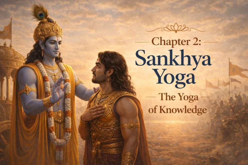 A warm-toned illustration of Lord Krishna standing beside Arjuna on a battlefield, gently raising his hand in a teaching gesture while Arjuna looks at him with attention and humility. Armies and flags fade into the background under a golden sky, with the title “Chapter 2: Sankhya Yoga , The Yoga of Knowledge” displayed prominently.