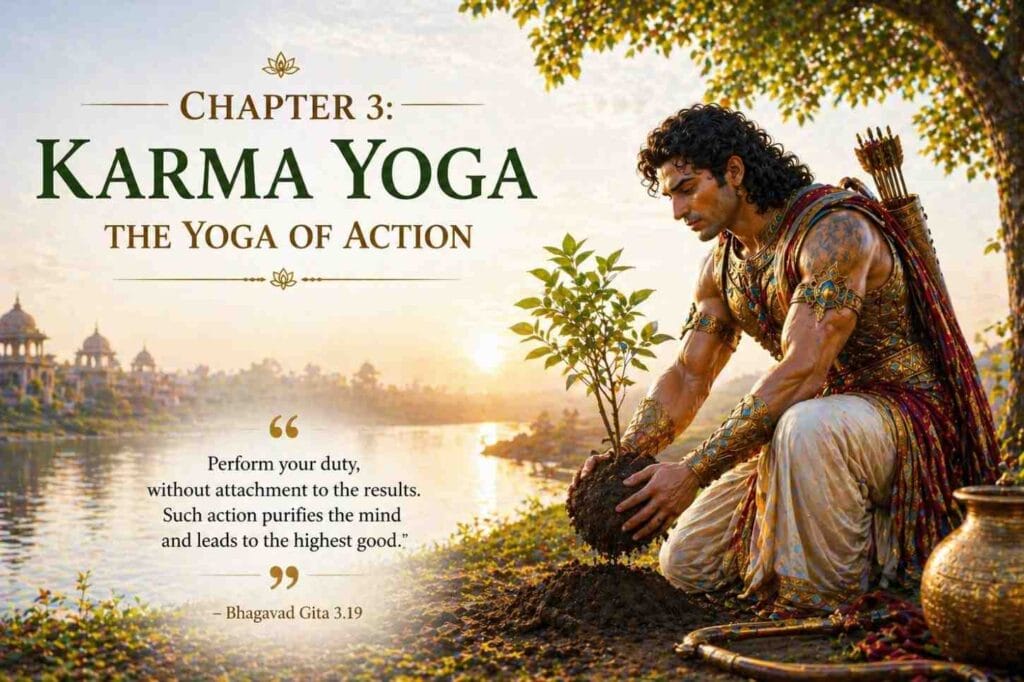 A high-definition illustration of Arjuna kneeling by a riverside at sunrise, planting a small sapling with focused attention. The title “Chapter 3: Karma Yoga – The Yoga of Action” appears beside him, symbolizing selfless action and growth.