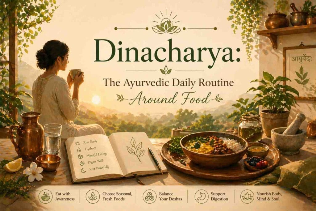 A warm, illustrated Ayurvedic kitchen scene at sunrise showing a person calmly drinking a herbal beverage, surrounded by fresh food, plants, and traditional utensils, with the title “Dinacharya: The Ayurvedic Daily Routine Around Food” displayed in elegant typography.