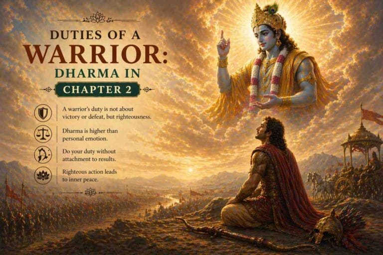 A golden-toned illustration of Arjuna sitting on a battlefield, looking up as Krishna appears in the sky radiating light and giving guidance. The title “Duties of a Warrior: Dharma in Chapter 2” is displayed beside them.