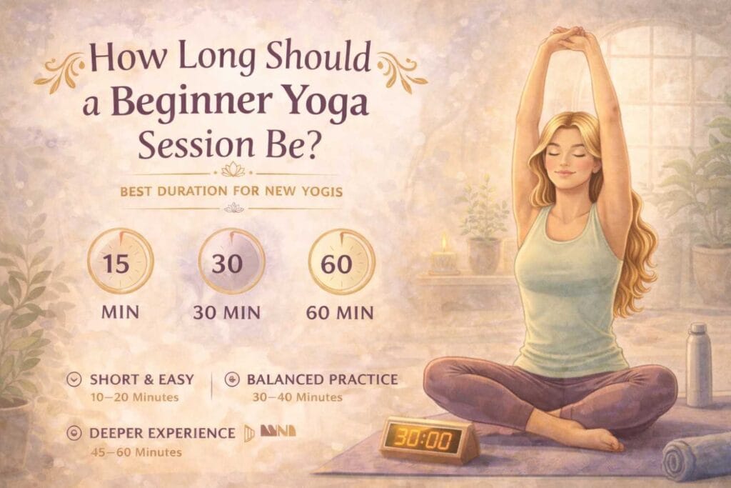 A blonde woman sits cross-legged on a yoga mat with her arms raised overhead in a gentle stretch, surrounded by a calm indoor setting with a candle, plants, and a timer displaying 30 minutes, illustrating a beginner-friendly yoga session.