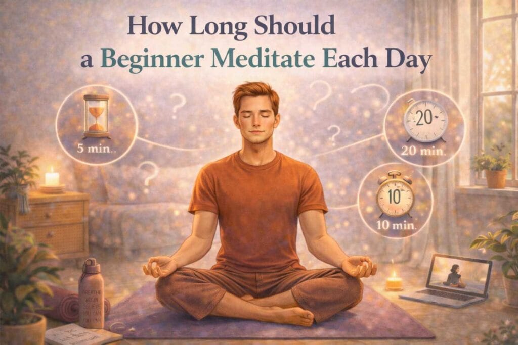 A young man sits cross-legged in meditation at home, surrounded by visual cues showing 5, 10, and 20-minute durations, with the title “How Long Should a Beginner Meditate Each Day” above.