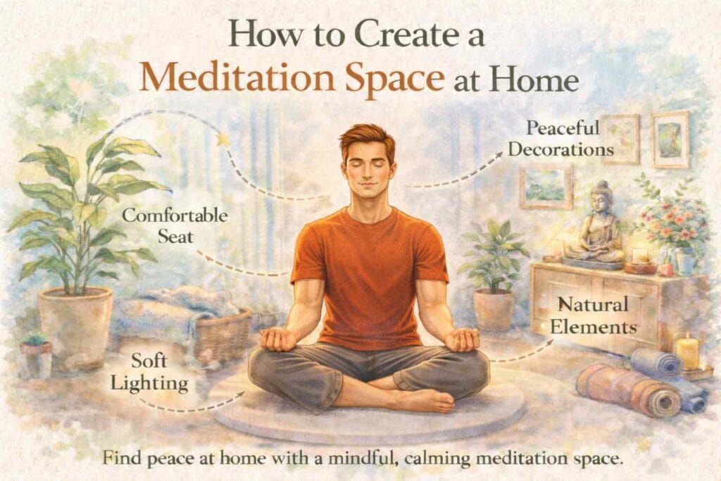 A young man sits calmly in a cozy home meditation space with plants, candles, and soft lighting, highlighting elements needed to create a peaceful environment.