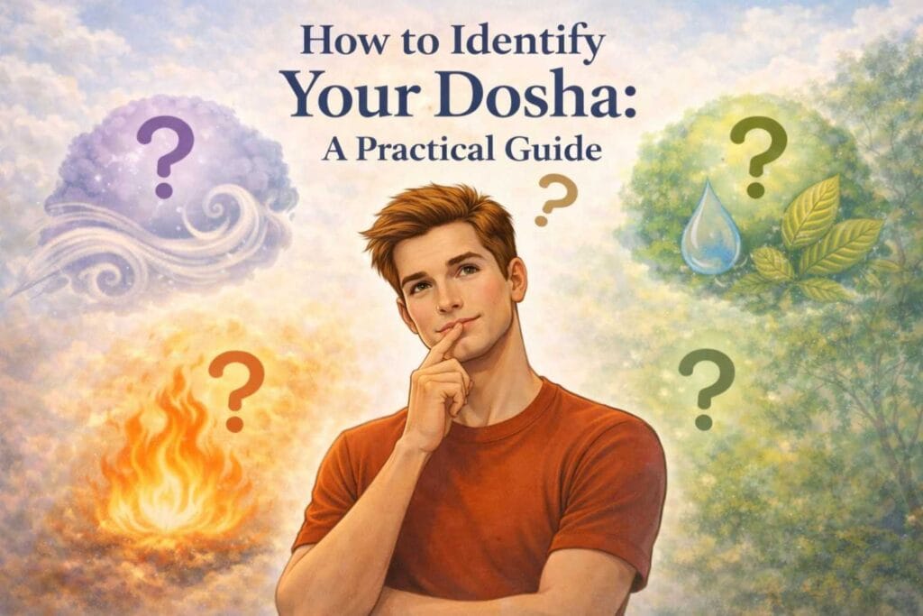 A thoughtful young man in a burnt-orange t-shirt stands with his hand on his chin, looking upward as he contemplates his Ayurvedic dosha. Around him are symbolic elements representing the three doshas, swirling air for Vata, flames for Pitta, and water with leaves for Kapha, each paired with a question mark. The title “How to Identify Your Dosha: A Practical Guide” is displayed above.