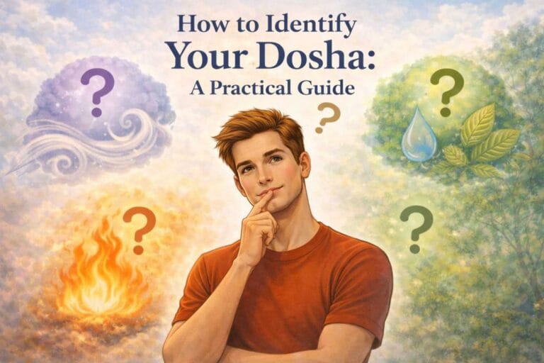 A thoughtful young man in a burnt-orange t-shirt stands with his hand on his chin, looking upward as he contemplates his Ayurvedic dosha. Around him are symbolic elements representing the three doshas, swirling air for Vata, flames for Pitta, and water with leaves for Kapha, each paired with a question mark. The title “How to Identify Your Dosha: A Practical Guide” is displayed above.