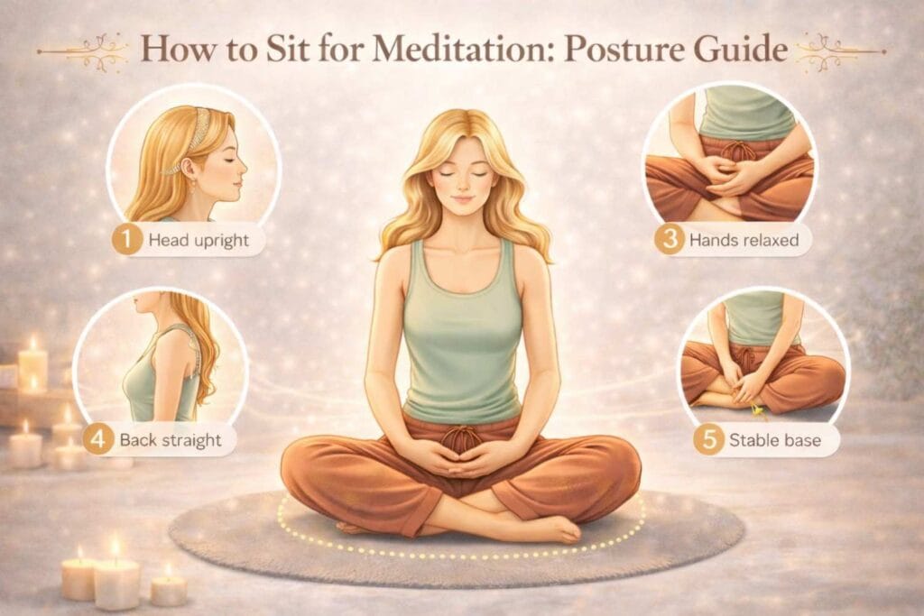Young woman sitting in a proper meditation posture with straight back, relaxed hands, and stable base, surrounded by visual guides showing correct alignment techniques.